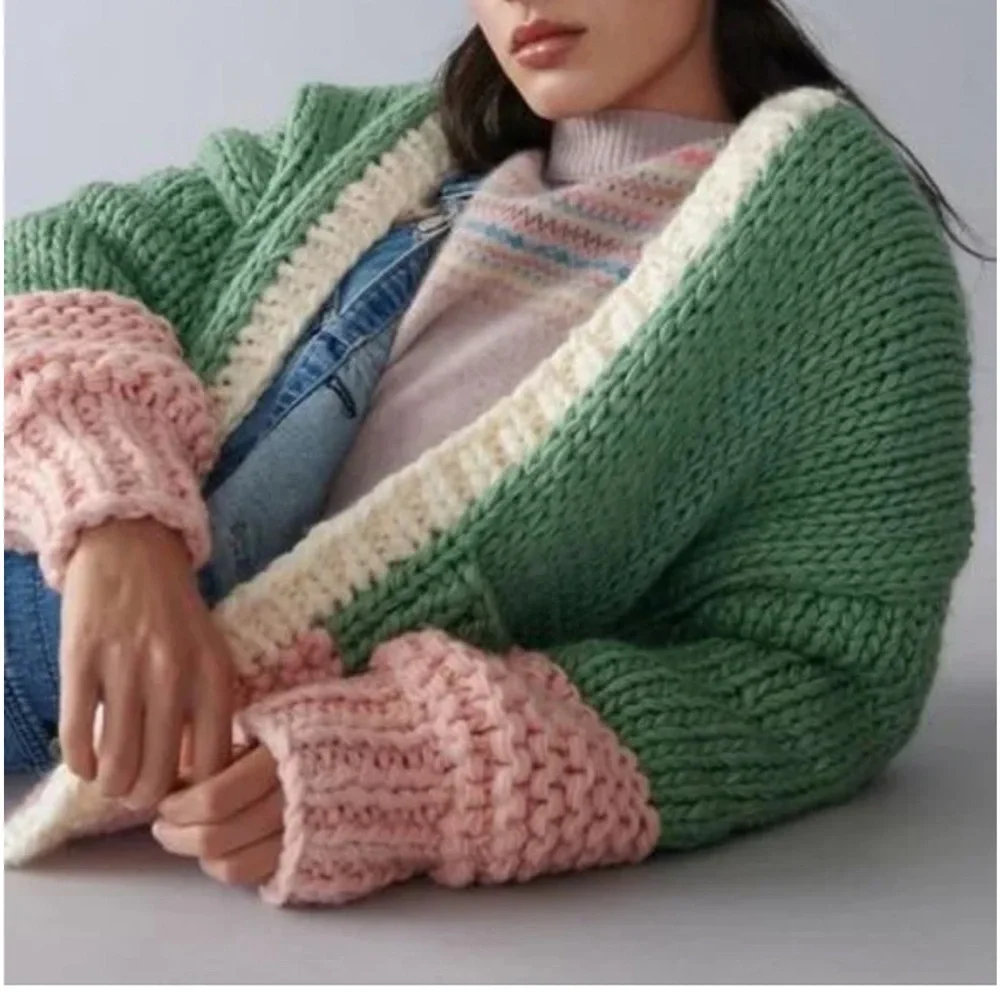 Anthropologie‎ Women One size Chunky Knit Oversized Open Cardigan Color Block
